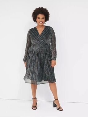 Lane Bryant Lurex Blouson-Sleeve Crinkle Knit Dress midi long sleeve women 14-16